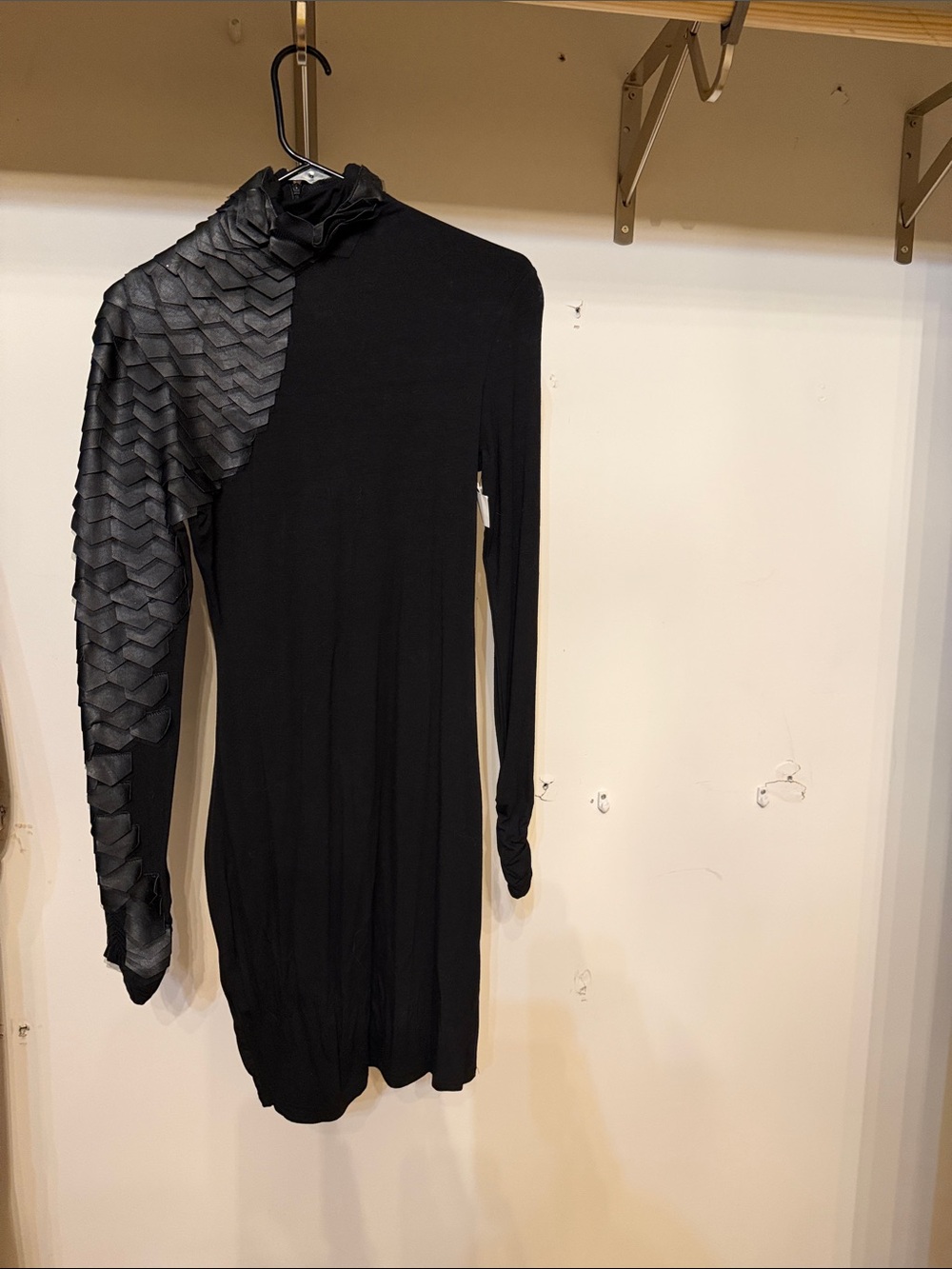 Gracia Black Long-Sleeve Dress with Textured Asymmetric Sleeve